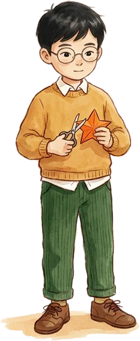 Emil, ein Junge mit runder Brille und Papierstern
