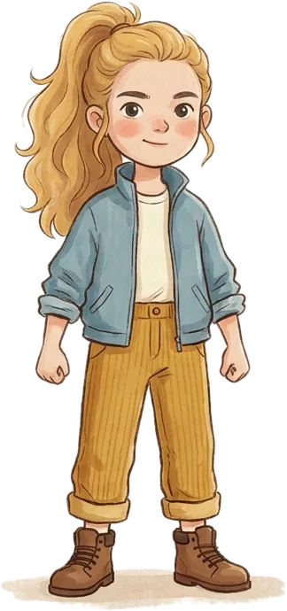 Juna, ein Mädchen mit blondem Pferdeschwanz und Jeansjacke