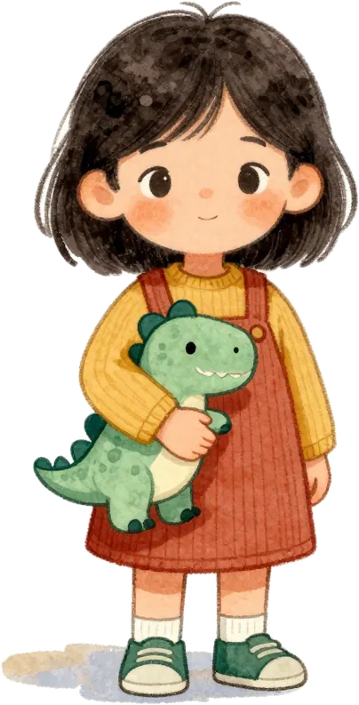 Mira, ein Mädchen mit schwarzem Bob und Dino-Kuscheltier
